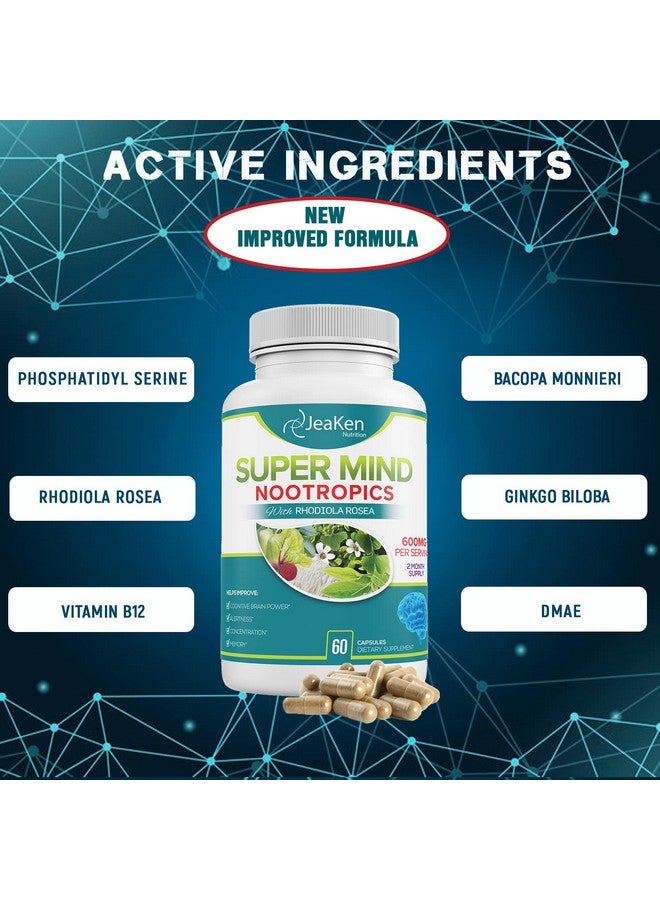 Super Mind Nootropics Cognitive Enhancer Brain Boost Supplement With Natural Ingredients Bacopa Monnieri Rhodiola Rosea Ginkgo Biloba Vitamin B1260 Vegan Capsules Made In Usa