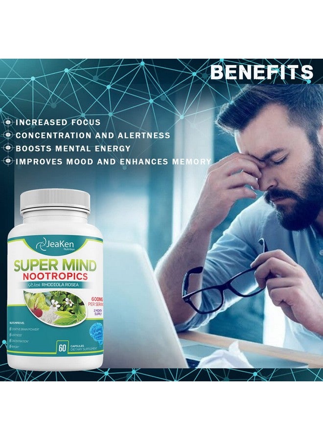 Super Mind Nootropics Cognitive Enhancer Brain Boost Supplement With Natural Ingredients Bacopa Monnieri Rhodiola Rosea Ginkgo Biloba Vitamin B1260 Vegan Capsules Made In Usa