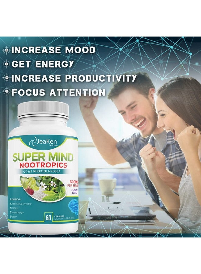 Super Mind Nootropics Cognitive Enhancer Brain Boost Supplement With Natural Ingredients Bacopa Monnieri Rhodiola Rosea Ginkgo Biloba Vitamin B1260 Vegan Capsules Made In Usa