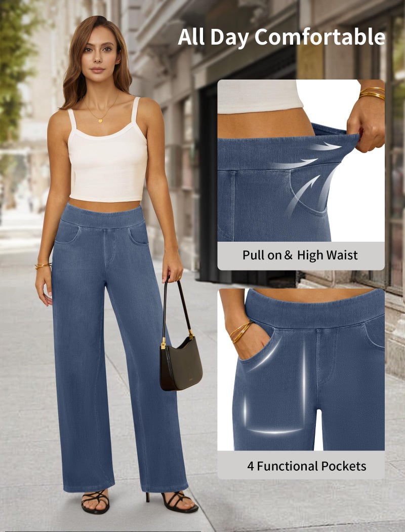 DLOODA Wide Leg Stretchy Sweatpants Jeans for Women, High Waisted Baggy Casual Pull On Jeans Elastic Waist Loose Denim Pants Light Blue - Image 4