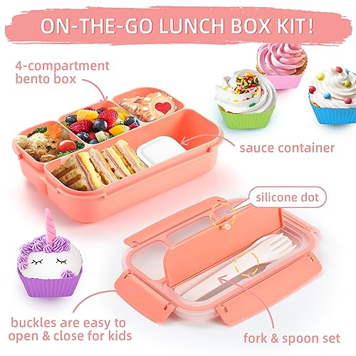 QQKO Bento Box Adult Lunch Box, Lunch Containers for Adults Men Women, Kids Lunch Boxes for School with 4 Compartments, Sauce Container, Utensils and Muffin Cups, Pink - Image 3