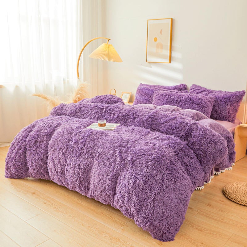 ERLOXO Fluffy Purple Faux Fur Comforter Cover QueenSetï¼ŒFluffy Fuzzy Plush Purple Bedding 3Pcs (1 Faux Fur Duvet Cover +2 Fuzzy Pillowcases) Plush Bed Set Queen - Image 2