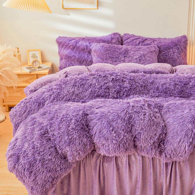 ERLOXO Fluffy Purple Faux Fur Comforter Cover QueenSetï¼ŒFluffy Fuzzy Plush Purple Bedding 3Pcs (1 Faux Fur Duvet Cover +2 Fuzzy Pillowcases) Plush Bed Set Queen - Image 5