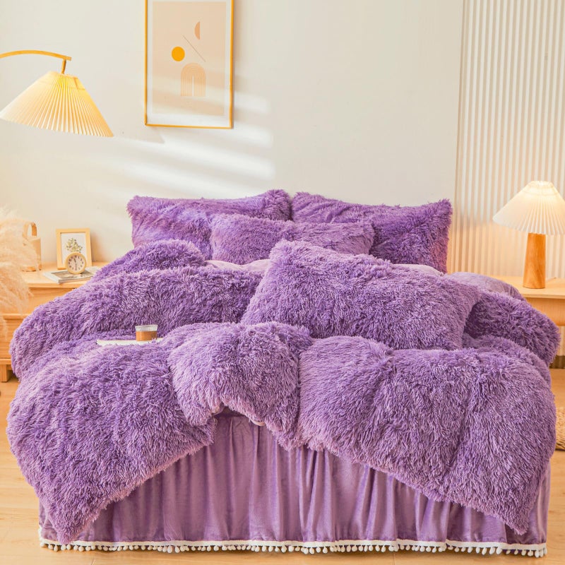 ERLOXO Fluffy Purple Faux Fur Comforter Cover QueenSetï¼ŒFluffy Fuzzy Plush Purple Bedding 3Pcs (1 Faux Fur Duvet Cover +2 Fuzzy Pillowcases) Plush Bed Set Queen - Image 1