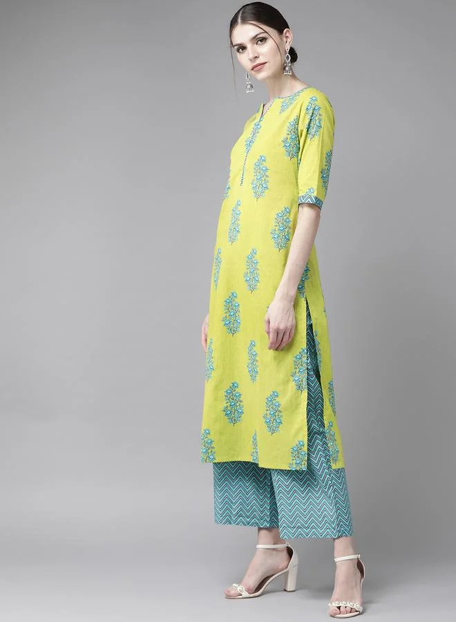 Libas Green Printed Cotton Straight Kurta, Palazzos and Dupatta Set