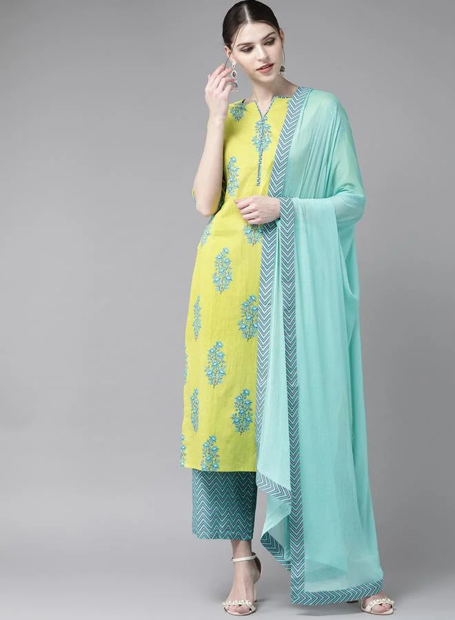 Libas Green Printed Cotton Straight Kurta, Palazzos and Dupatta Set