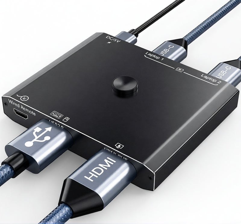 KVM Switcher Black 2 In 1 Out Hdmi Usb Panoramic Button Wired Control - 4K 60Hz Audio Extractor For Shared High-Definition Monitor Home Office Desktop Setup - Image 1