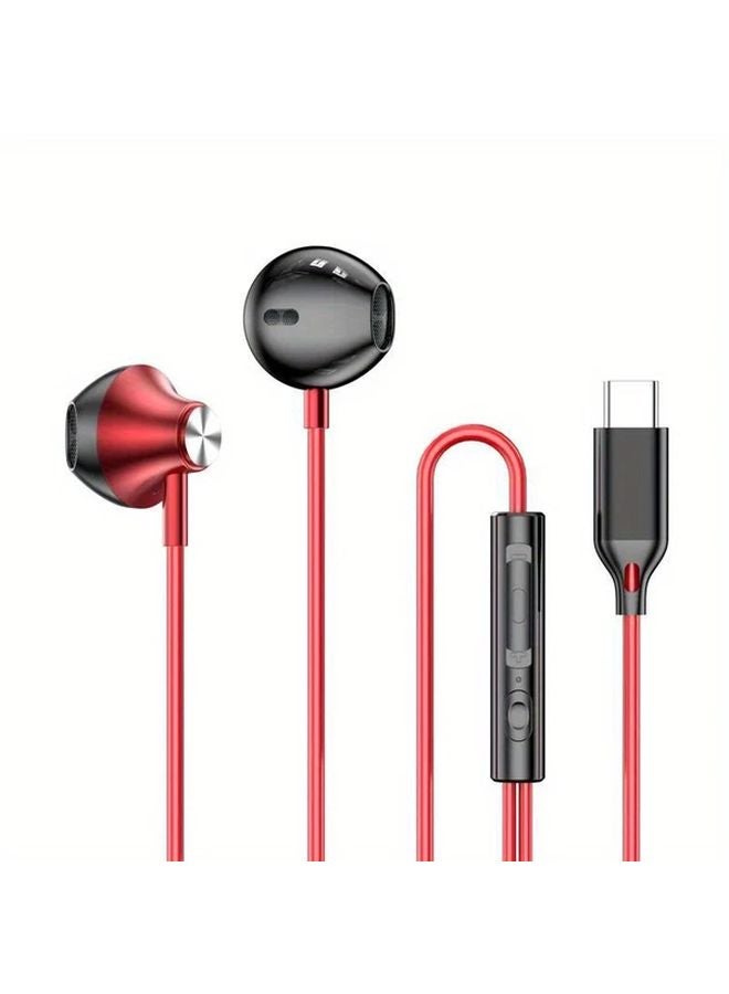 Red Type C Wired Headphones With Microphone For Galaxy S24 S23 iPhone15 Huawei - Image 1