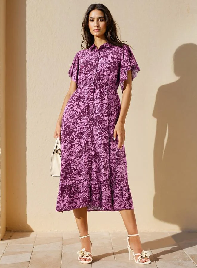 Splash FAV Floral Print Midi Shirt Rayon Dress with Flutter Sleeves