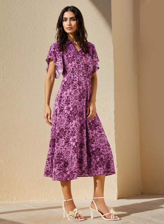 Splash FAV Floral Print Midi Shirt Rayon Dress with Flutter Sleeves