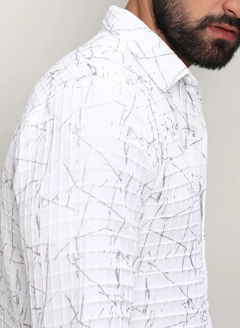 Campus Sutra Men's Chalk White Holographic Veined Textured Shirt