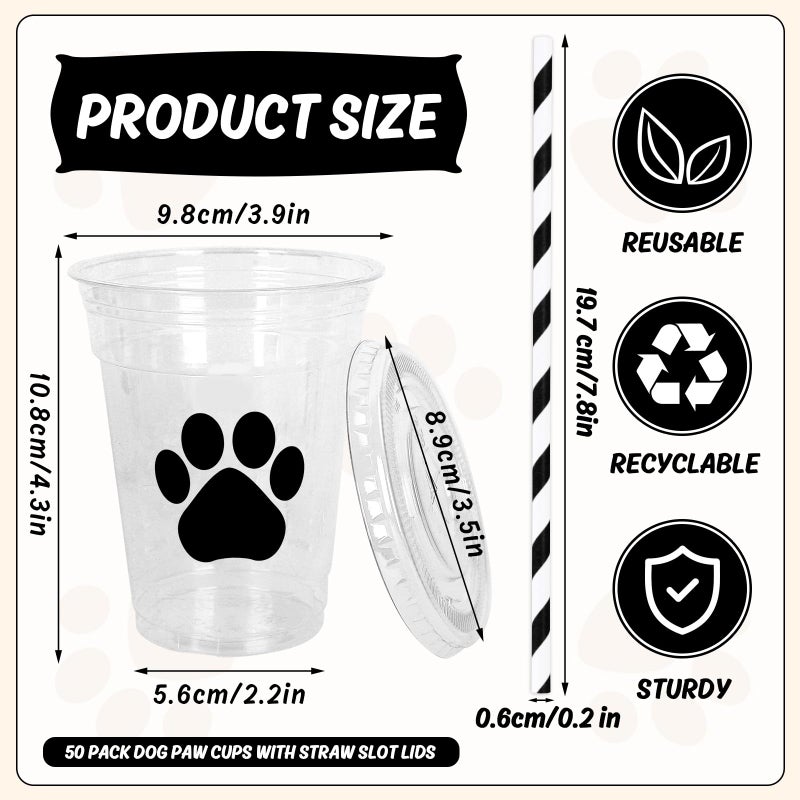 Whaline 50Pcs Paw Print Disposable Plastic Cups with Lids and Straws 12oz Dog Party Cups Black Cold Beverage Drinking Cups for Puppy Birthday Baby Shower Party Supplies - Image 1