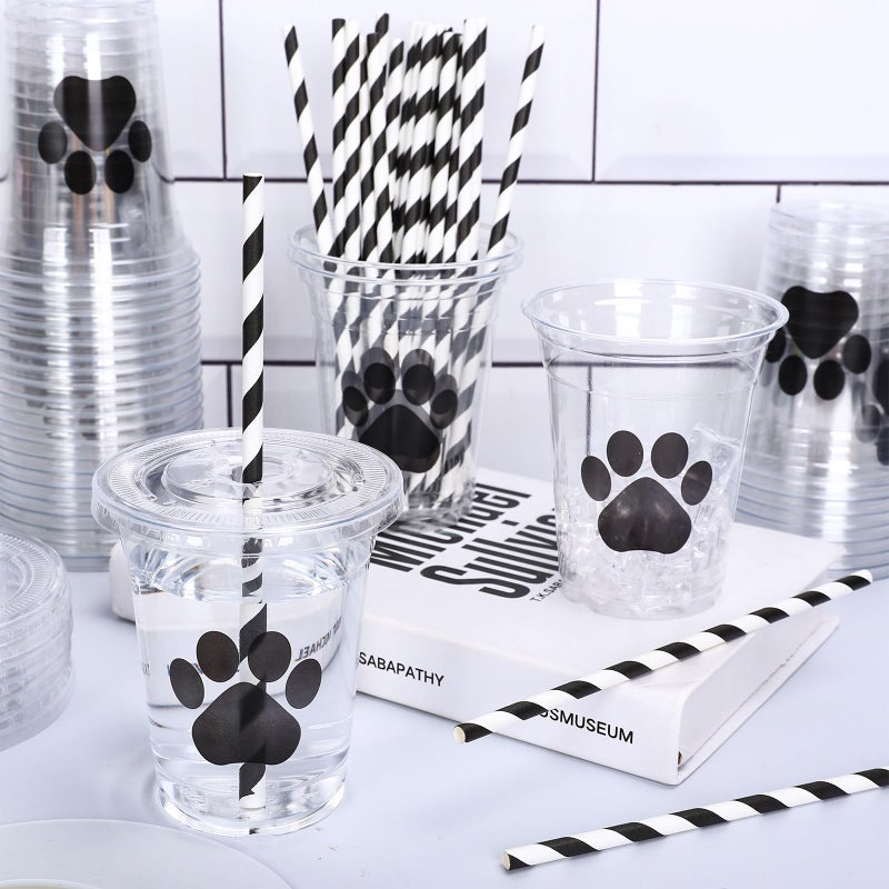 Whaline 50Pcs Paw Print Disposable Plastic Cups with Lids and Straws 12oz Dog Party Cups Black Cold Beverage Drinking Cups for Puppy Birthday Baby Shower Party Supplies - Image 3