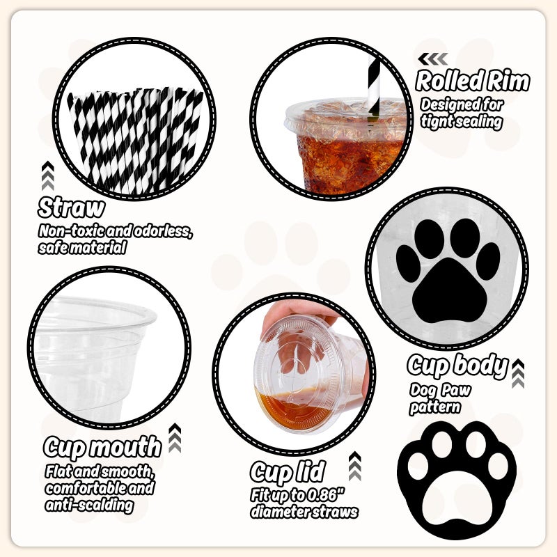 Whaline 50Pcs Paw Print Disposable Plastic Cups with Lids and Straws 12oz Dog Party Cups Black Cold Beverage Drinking Cups for Puppy Birthday Baby Shower Party Supplies - Image 2