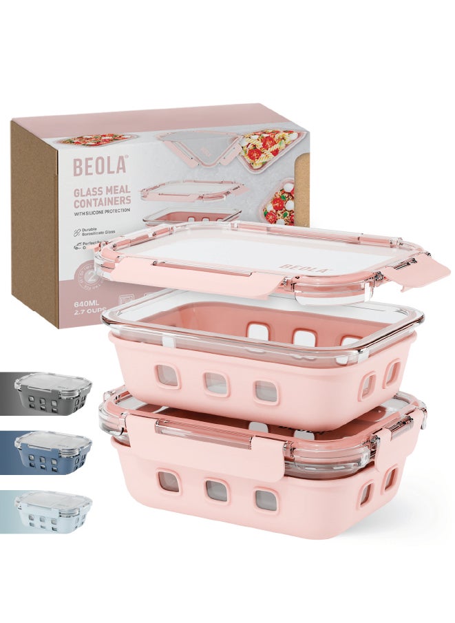 BEOLA BEOLA Set of 2 Glass Food Storage Containers with Airtight Lids and Silicone Protection, Leakproof Food Organizer, Freezer, Dishwasher, Microwave Safe, Kitchen Organizer for Food (640ml, Blush Pink)  - Image 1