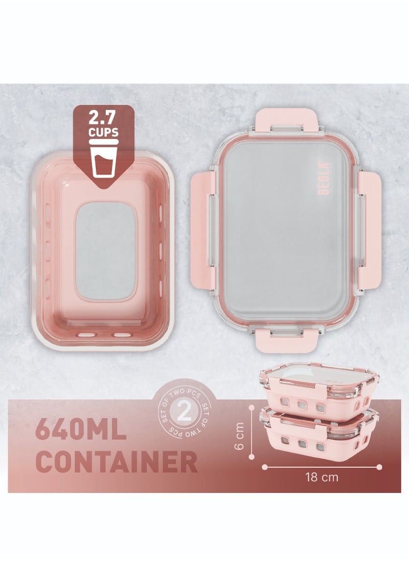 BEOLA BEOLA Set of 2 Glass Food Storage Containers with Airtight Lids and Silicone Protection, Leakproof Food Organizer, Freezer, Dishwasher, Microwave Safe, Kitchen Organizer for Food (640ml, Blush Pink)  - Image 3