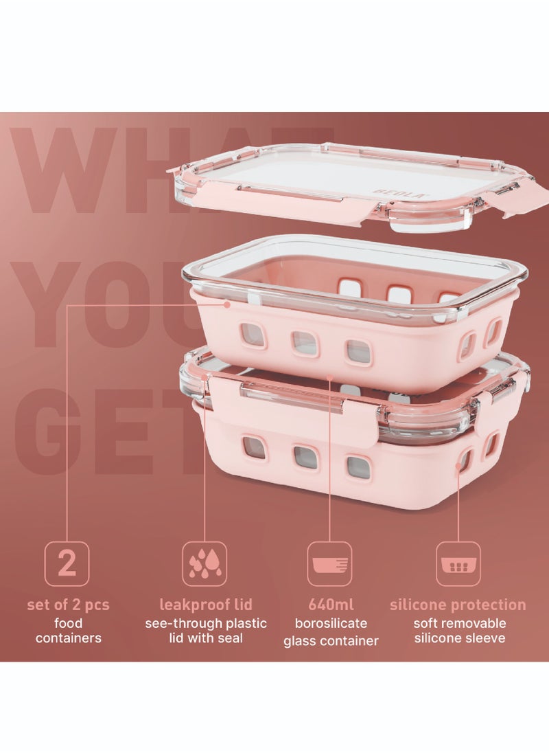 BEOLA BEOLA Set of 2 Glass Food Storage Containers with Airtight Lids and Silicone Protection, Leakproof Food Organizer, Freezer, Dishwasher, Microwave Safe, Kitchen Organizer for Food (640ml, Blush Pink)  - Image 2