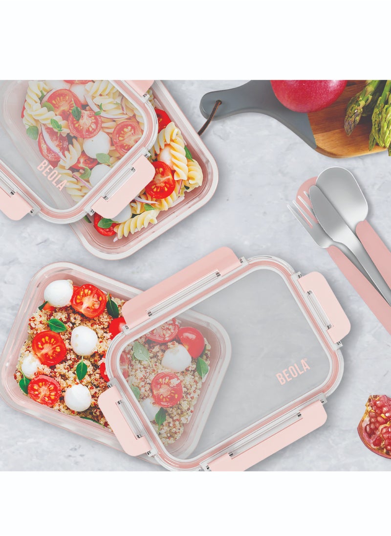 BEOLA BEOLA Set of 2 Glass Food Storage Containers with Airtight Lids and Silicone Protection, Leakproof Food Organizer, Freezer, Dishwasher, Microwave Safe, Kitchen Organizer for Food (640ml, Blush Pink)  - Image 4