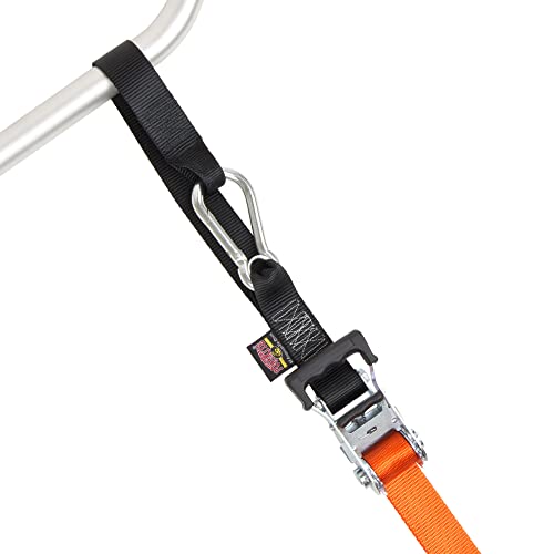 PowerTye - Made in USA - Extra Long Ratchet Tie Down Straps, Heavy Duty with Carabiner Hooks, Soft-Tye & Bag, for Motorcycle, ATV & Cargo, 1,000 lb WLL, 1.5 inch x 10ft Long, Orange/Black (Pair) - Image 3