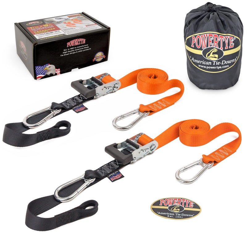 PowerTye - Made in USA - Extra Long Ratchet Tie Down Straps, Heavy Duty with Carabiner Hooks, Soft-Tye & Bag, for Motorcycle, ATV & Cargo, 1,000 lb WLL, 1.5 inch x 10ft Long, Orange/Black (Pair) - Image 2