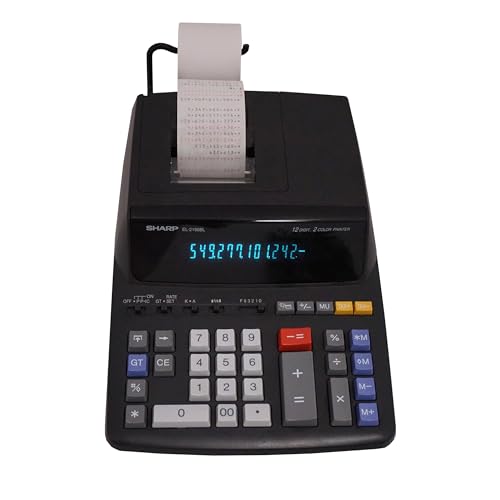 Sharp 12Digit Print Calculator Desktop Size Adding Machine Perfect for Everyday Use and Office Bright Large EasytoRead Numbers on Both The Display and The TwoColorPrinted Tape EL2196BL