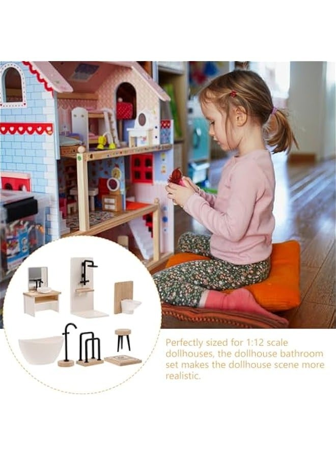 8pcs Dollhouse Bathroom Set: 1 12 Scale Dollhouse Toilet Bathtub Basin Wooden Bathroom Cabinet with Sink Miniature Furniture for Doll Bathroom Accessories
