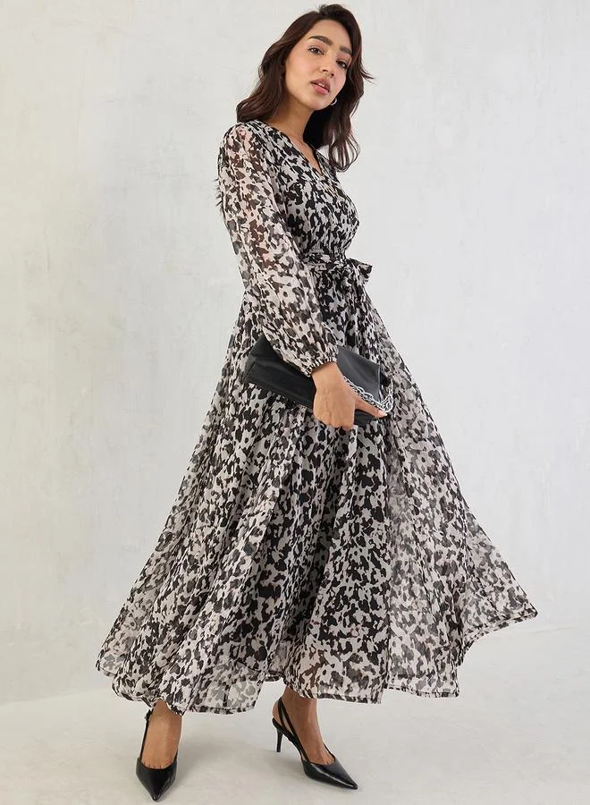Femmella Black Abstract Print Wrap Maxi Dress