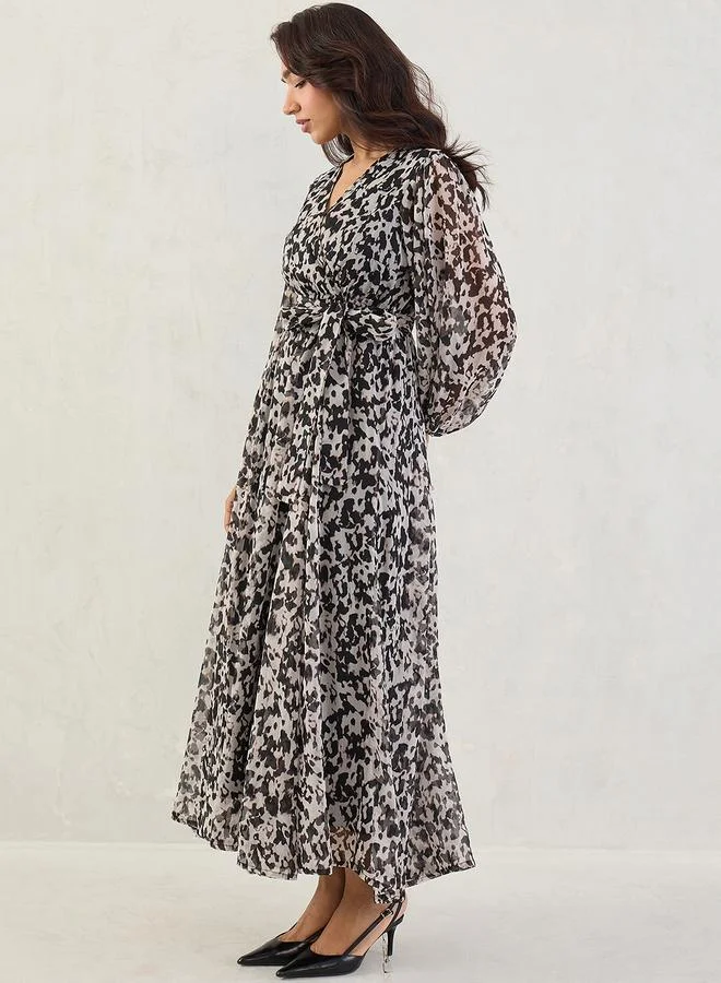 Femmella  Black Abstract Print Wrap Maxi Dress for Women | Best Price UAE