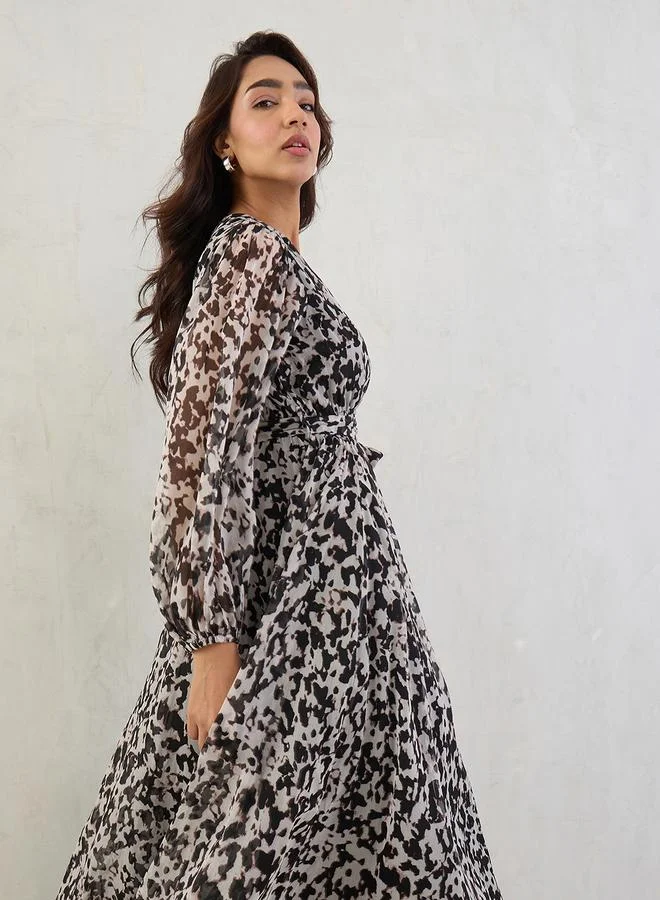 Femmella  Black Abstract Print Wrap Maxi Dress for Women | Best Price UAE