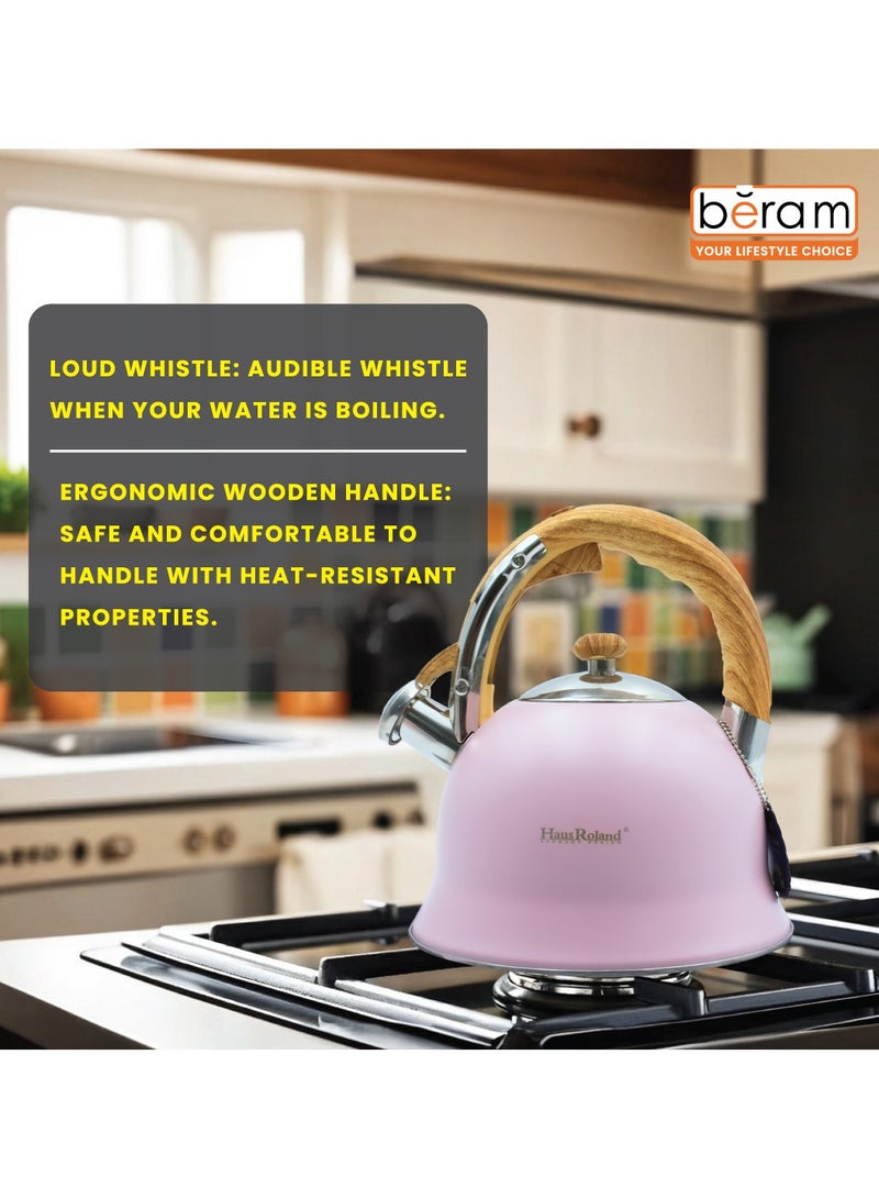 هوسرولاند غلاية شاي صافرة، مقابض خشبية، سعة 3 لتر، ستانلس ستيل، قاع مسطح، للكهرباء والغاز والحث الحراري ومواقد الإشعاع وإبريق الشاي سريع الغليان وأدوات المطبخ - Image 4