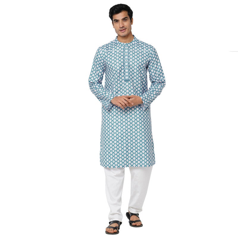 ARCHATTIRE Men’s Blue Polycotton Printed Kurta for Men - Image 1