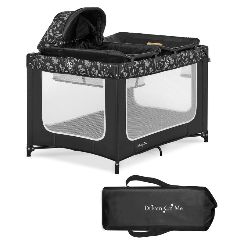 Dream On Me Emily Rose Deluxe Playard in Black and White with Infant Bassinet and Changing Tray Lightweight Portable and Convertible Playard for Baby Breathable Mesh Sides and Soft Fabric