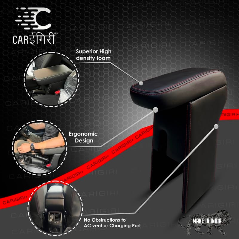 Carigiri Premium Finish Car Armrest with Storage Box And High Density Moulded Foam For Maruti Suzuki Celerio (Models-2014-2020) (Black With Red Double Stitching,Nappa Leatherette) - Image 3