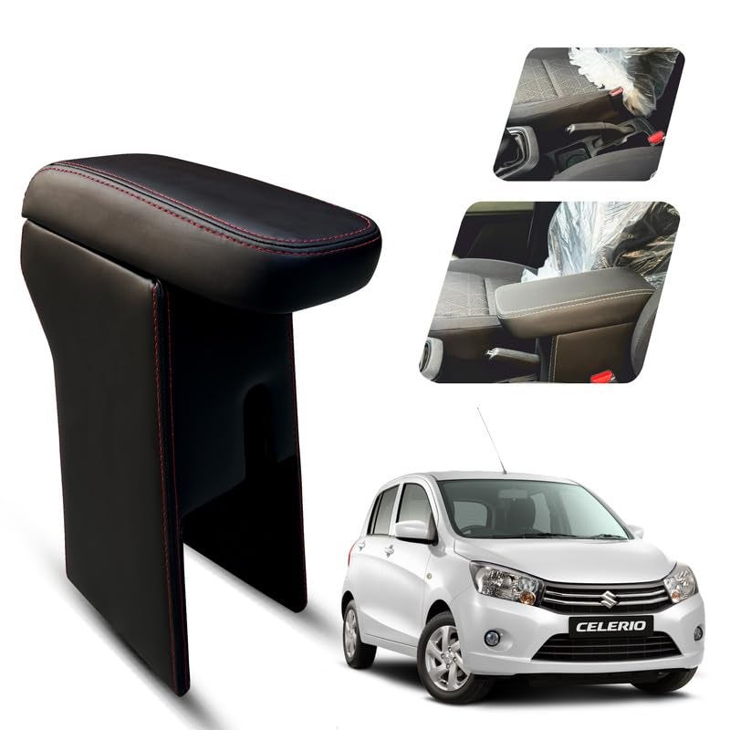 Carigiri Premium Finish Car Armrest with Storage Box And High Density Moulded Foam For Maruti Suzuki Celerio (Models-2014-2020) (Black With Red Double Stitching,Nappa Leatherette) - Image 1