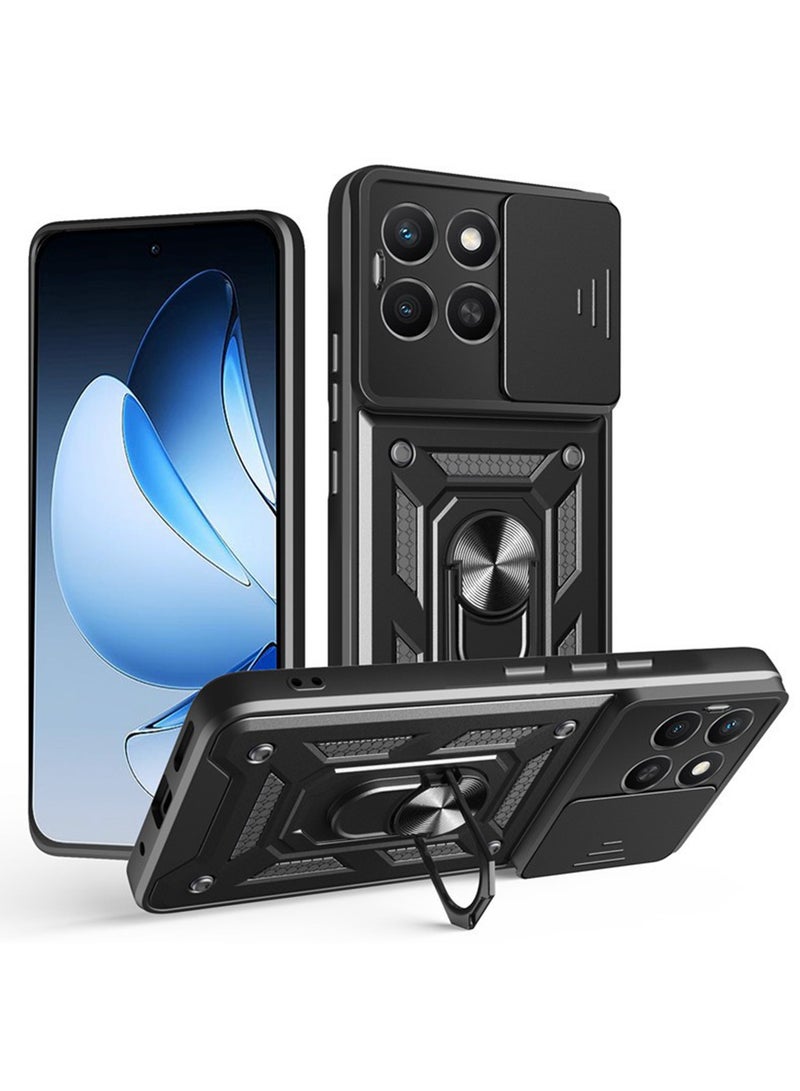 لـ Honor X8c 4G غطاء الحالة ، غطاء عدسة الكاميرا الشريحة ، حامل الحلقة المغناطيسية كيكستاند حالة هاتف واقية لـ Honor X8c 4G ، أسود. - Image 1