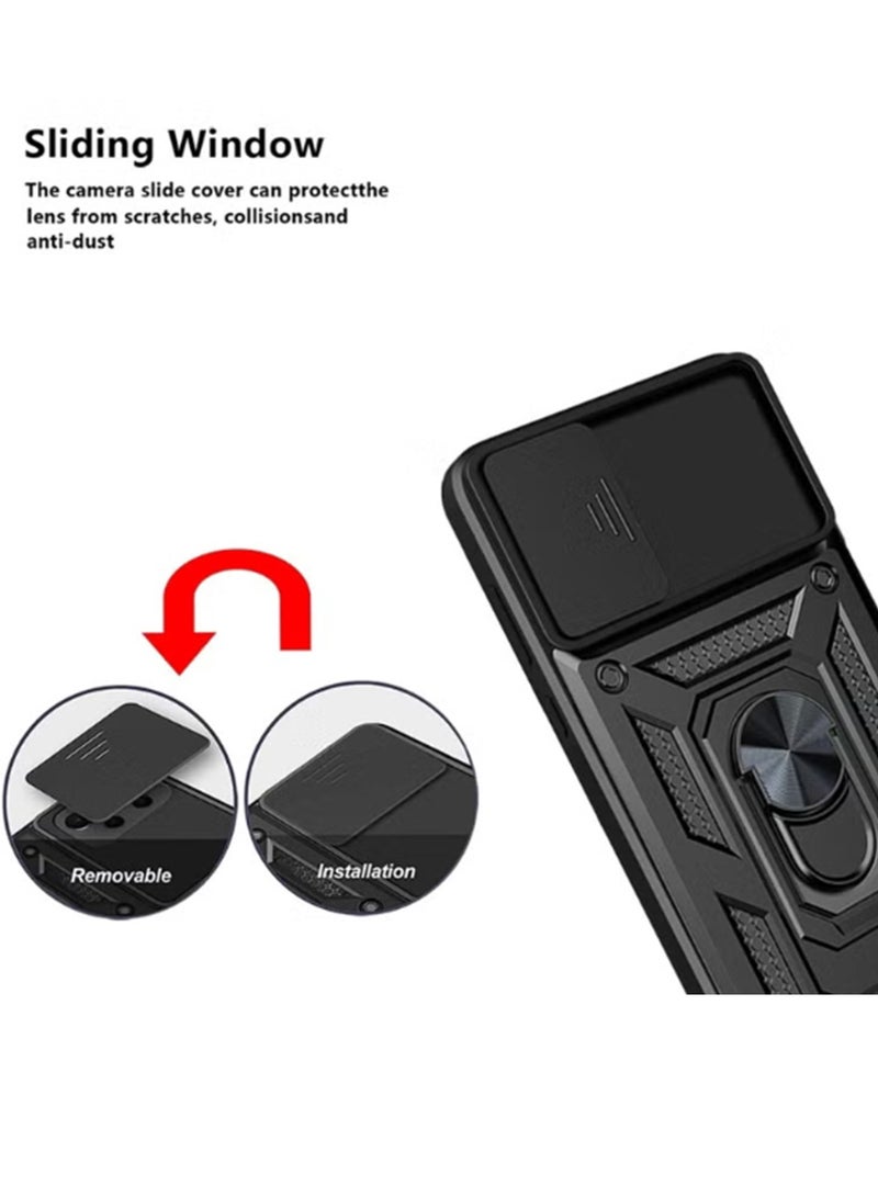 لـ Honor X8c 4G غطاء الحالة ، غطاء عدسة الكاميرا الشريحة ، حامل الحلقة المغناطيسية كيكستاند حالة هاتف واقية لـ Honor X8c 4G ، أسود. - Image 2