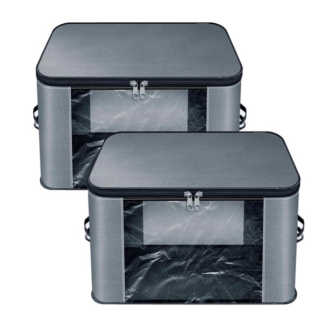 MOISTURE PROOF NYLON WARDROBE ORGANIZER STORAGE BAG FOR CLOTHES WITH TRANSPARENT POCKET STORAGE BOX FOR CLOTHES SAREE BAGS WITH ZIPPERED CLOSURE HANDLE 37X35X23 CM GREY SET OF 2