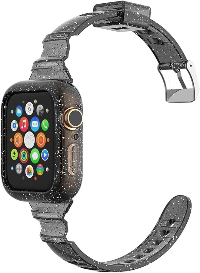 Glitter Transparent Silicone (42/44mm) Slim Clear Bling Watch Band With Protective Case For Apple Watch Series 6 5 4 SE - Black