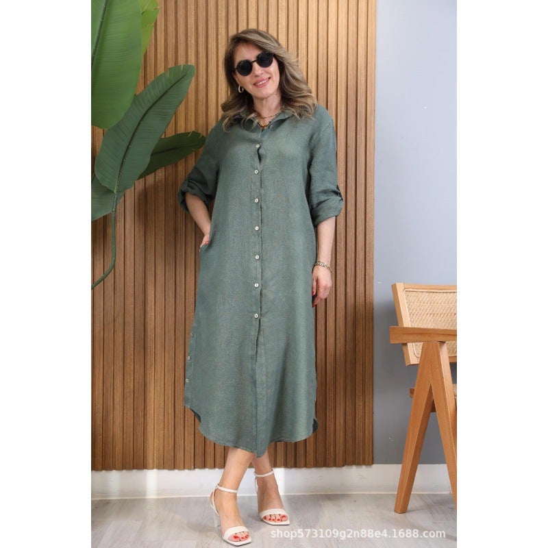 Europe and the United States cross-border foreign trade shirt-breasted dress hollow lace linen dress plus size casual dress Ocean Green