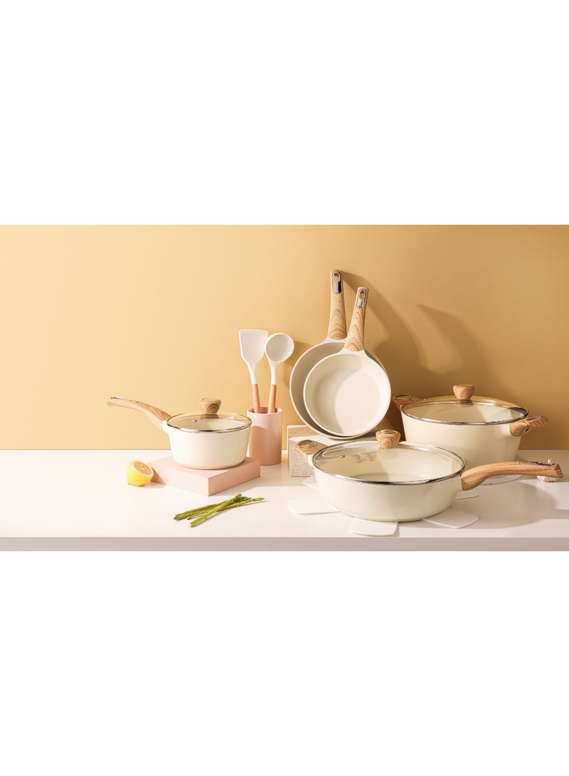 Sensarte طقم أواني طهي من الألمنيوم مكون من 14 قطعة مع مقابض خشبية، غير لاصق، أغطية زجاجية، خالي من PFAS و PTFE و PFOA و PFOS - بيج - Image 3