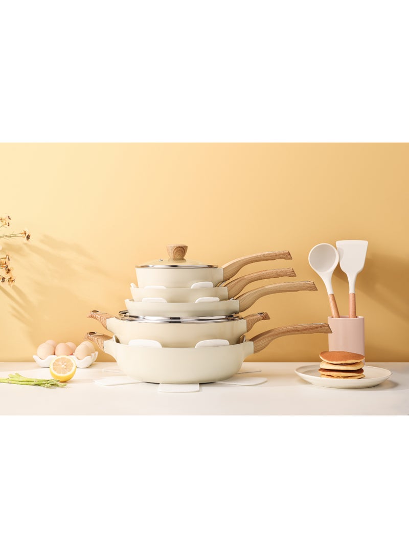 Sensarte طقم أواني طهي من الألمنيوم مكون من 14 قطعة مع مقابض خشبية، غير لاصق، أغطية زجاجية، خالي من PFAS و PTFE و PFOA و PFOS - بيج - Image 2