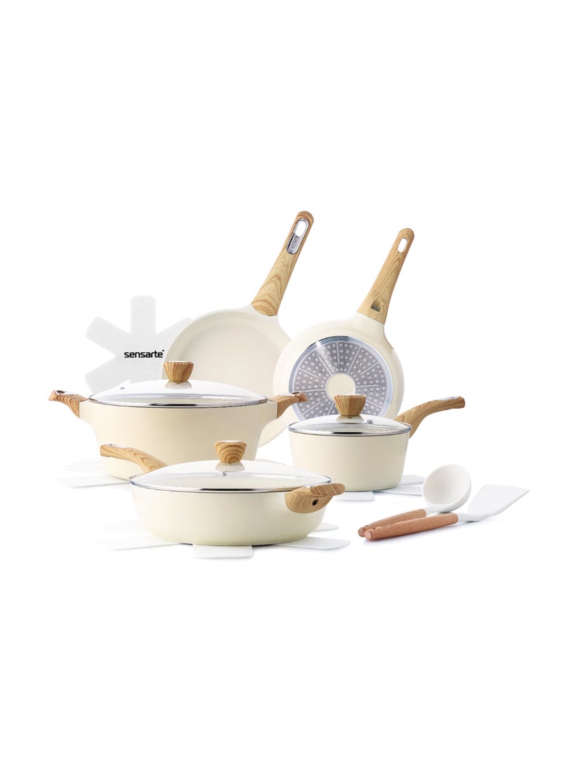Sensarte طقم أواني طهي من الألمنيوم مكون من 14 قطعة مع مقابض خشبية، غير لاصق، أغطية زجاجية، خالي من PFAS و PTFE و PFOA و PFOS - بيج - Image 1