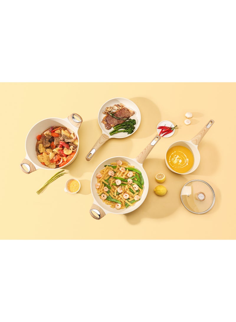 Sensarte طقم أواني طهي من الألمنيوم مكون من 14 قطعة مع مقابض خشبية، غير لاصق، أغطية زجاجية، خالي من PFAS و PTFE و PFOA و PFOS - بيج - Image 4