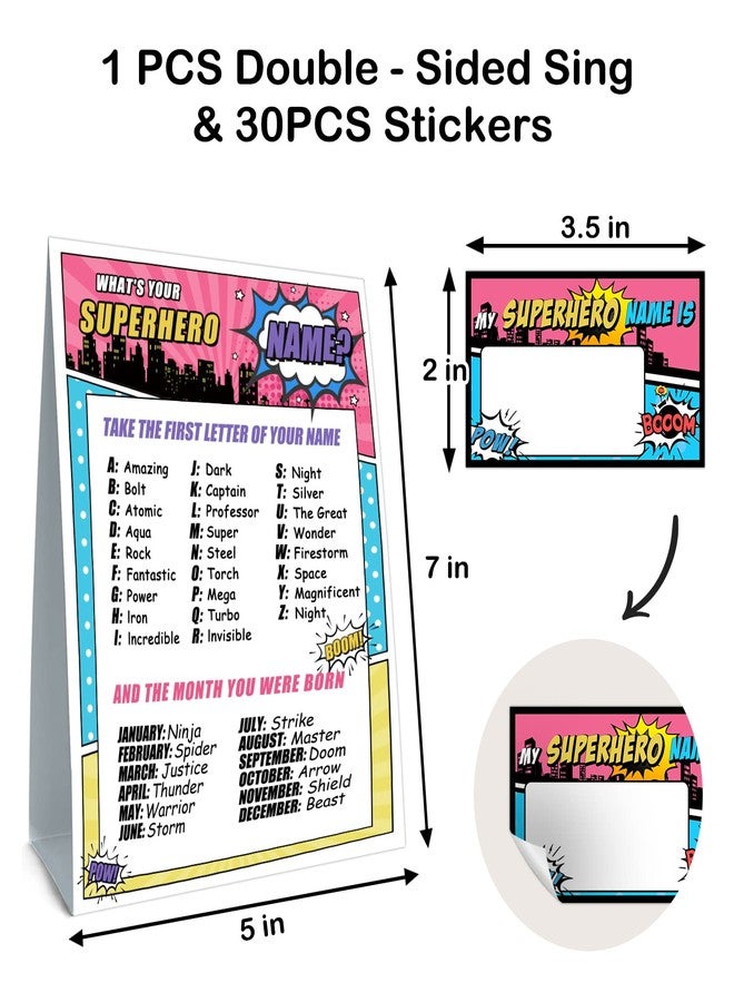 UBLURO What is Your Superhero Name Game - Superhero birthday party game, Superhero Birthday Party Sign for Girls, Kids Superhero Activity Decoration Supplies(1 Superhero Theme Sign and 30 Name Tag Stickers) - Image 2