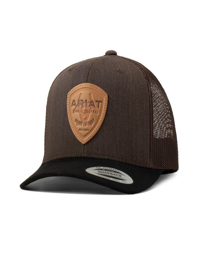 Ariat Men's 6-Panel Mesh Back Snapback Cap with Tan Patch and Black Bill (Brown)