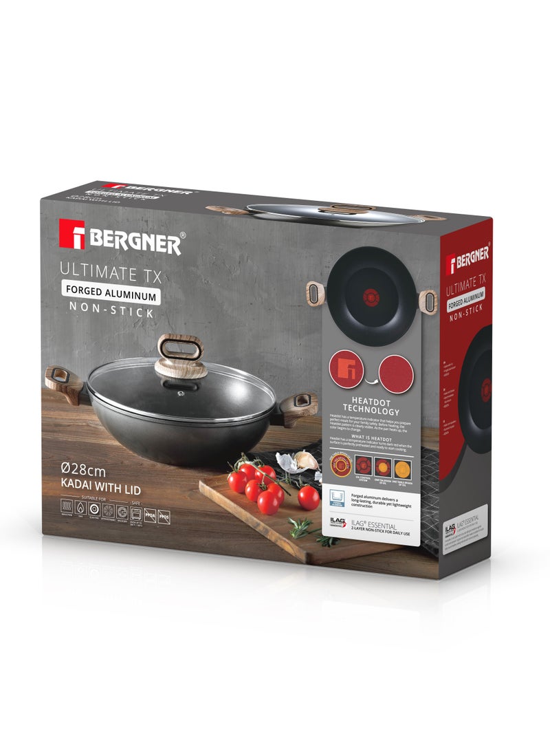 BERGNER ULTIMATE TX FORGED ALUMINUM KADAI + LID 28 CM WITH HEATDOT TECHNOLOGY, INDUCTION BOTTOM, GREY COLOR, BG36177GY  - Image 4