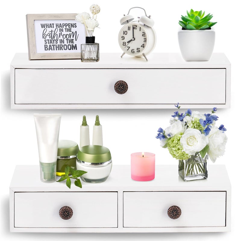 Yesland 2 Packs Floating Nightstand with Drawer - Rustic Wood Floating Wall Mounted Drawers Floating Shelf with Drawer for Living Room, Bedroom, Kitchen, Wall Decor, Storage, Display - White - Image 1