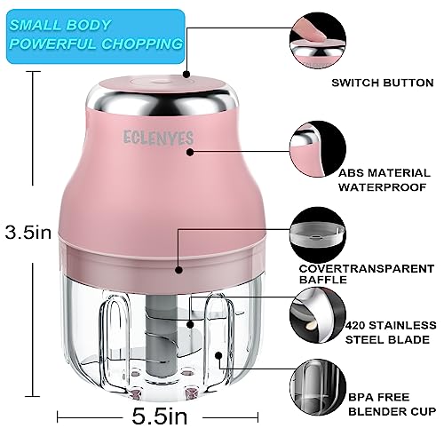 ECLENYES Vegetable Chopper, Electric Garlic Chopper, 250ML USB Rechargeable Mini Blender, Powerful Small Food Processor, Blender to Vegetable, Wireless Food Cutter for Ginger, Chili, Fruit, Meat, etc（Pink） - Image 4