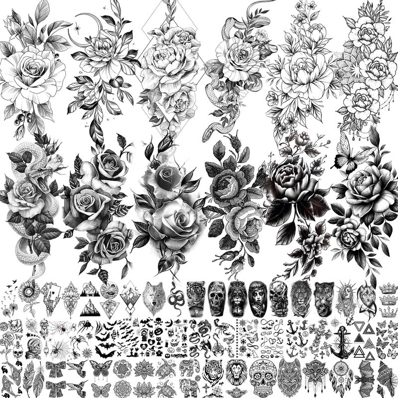 تاتو مؤقت واقعي أسود من فانتاتي 65 ورقة للنساء للذراع والفخذ تاتو مزيف ثلاثي الأبعاد يبدو حقيقيًا ويدوم طويلاً رسمة وردة قمر ثعبان بيوني تاتو زهور ملصقات للبالغين والفتيات