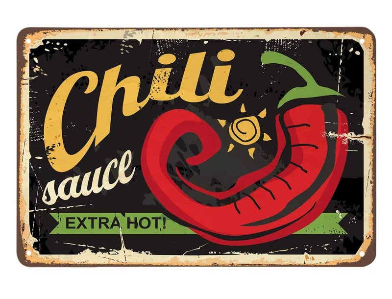 AOYEGO Chili Sauce Poster Tin Sign,Extra Hot Chili Vintage Metal Tin Signs for Cafes Bars Pubs Shop Wall Decorative Funny Retro Signs for Men Women 8x12 Inch - Image 1
